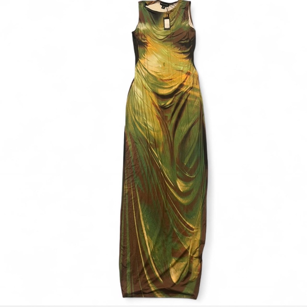 PrettyLittleThing Green and Gold Maxi Dress
